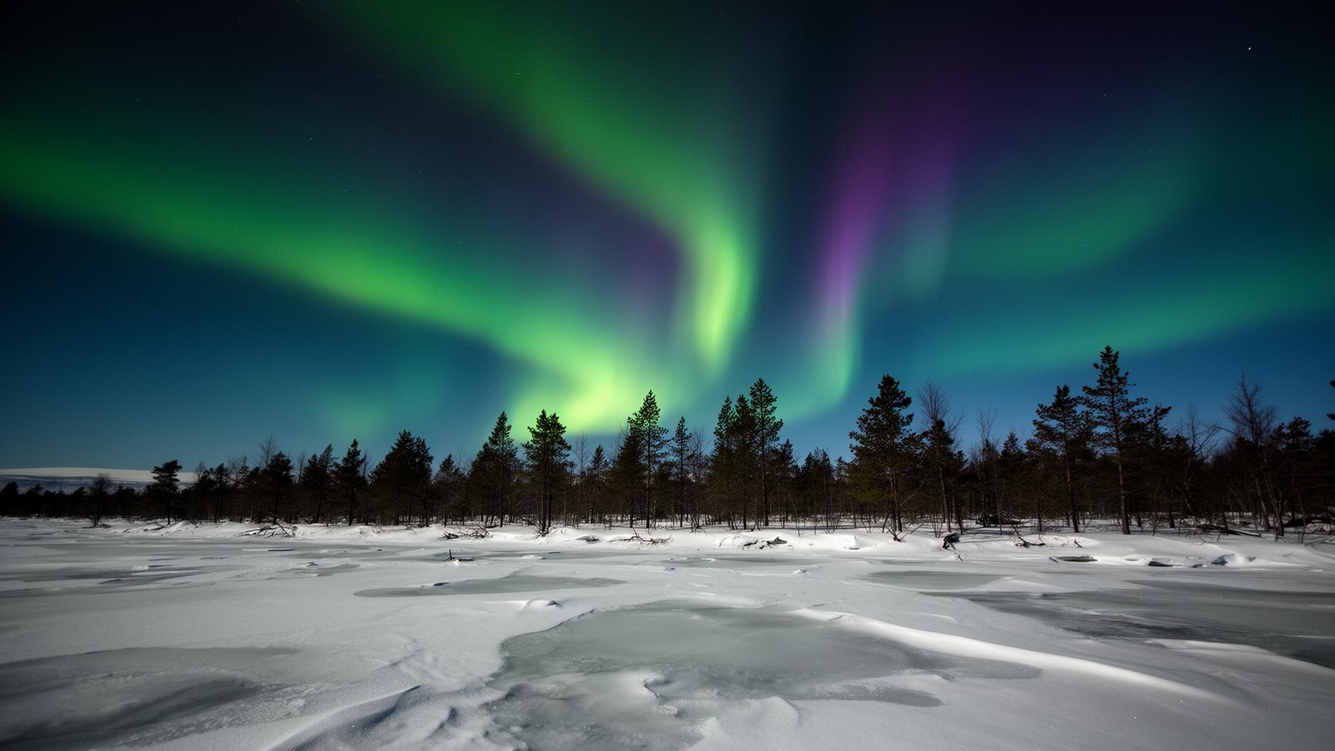 Aurora borealis over a snowy landscape