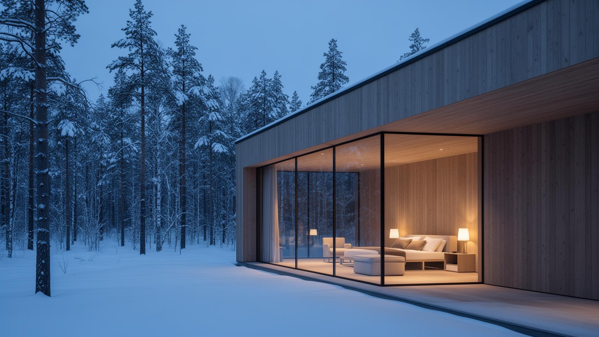 Modern Nordic cabin in a snowy forest at blue hour