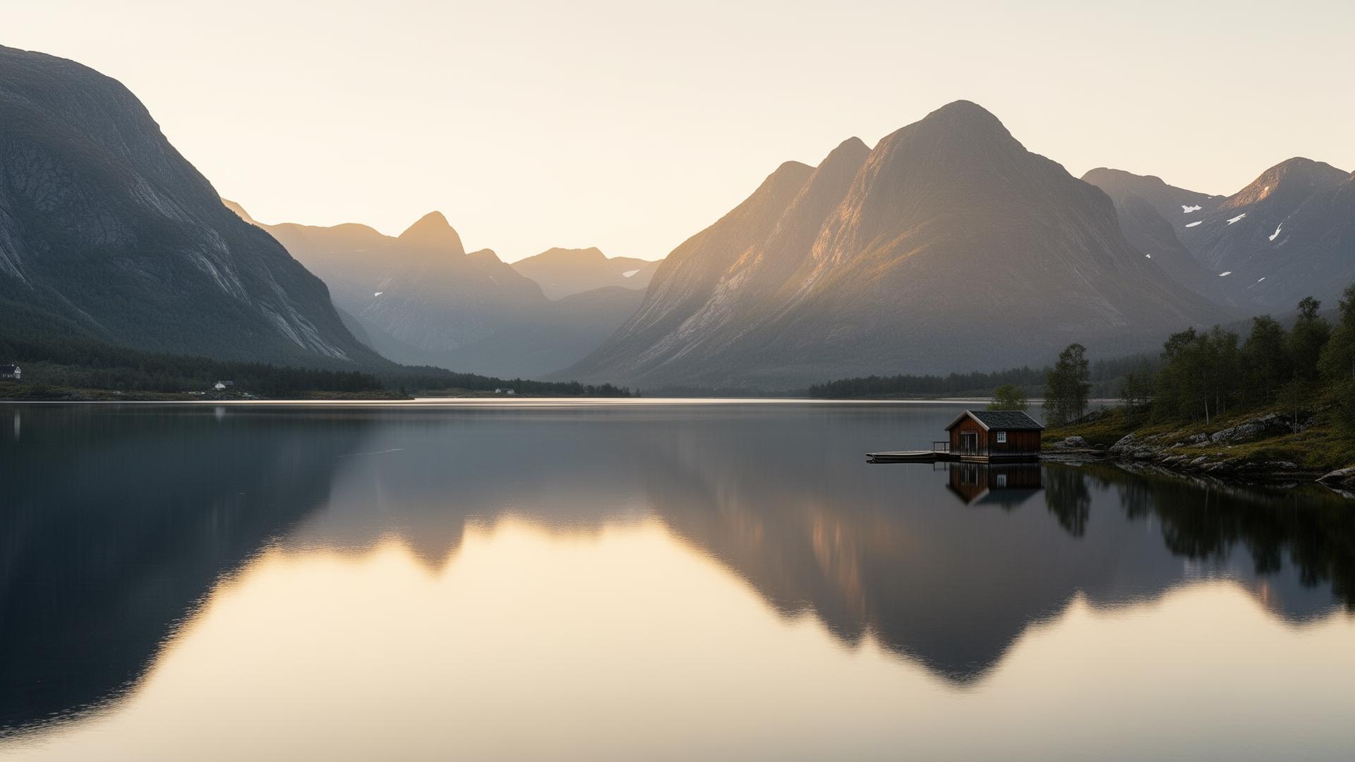 Calm Nordic lake reflecting mountains